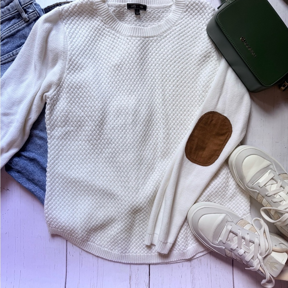 White Textured Crew Neck Sweater